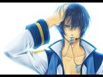  blue_eyes blue_hair dog_tags headphones kaito male_focus solo sweat vocaloid yuuno_(yukioka) 