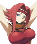  armpits arms_behind_head arms_up artist_request blue_eyes breasts code_geass headband kallen_stadtfeld large_breasts red_hair shirt short_hair sidelocks simple_background sleeveless sleeveless_turtleneck solo taut_clothes taut_shirt turtleneck upper_body 