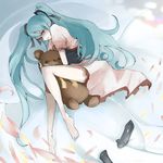  barefoot blue_eyes blue_hair dress hatsune_miku legs long_hair lying pale_skin pillow pillow_hug shoes solo stuffed_animal stuffed_toy tansuke teddy_bear twintails vocaloid world_is_mine_(vocaloid) 