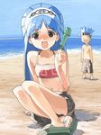  1girl beach bikini blue_hair brother_and_sister brown_eyes day feet flat_chest food hairband headband kizaki long_hair open_mouth outdoors popsicle sandals shaman_king siblings sitting skirt sky smile spiked_hair sports_bikini surprised sweatdrop swimsuit usui_horokeu usui_pirika water 