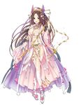  artist_request bracelet breasts brown_hair cleavage crossed_legs detached_sleeves flower full_body hair_ornament high_ponytail highres holding holding_weapon jewelry large_breasts long_hair looking_at_viewer midriff navel official_art open_mouth pelvic_curtain pink_flower pink_rose purple_eyes rose royal_flash_heroes shunmei solo transparent_background very_long_hair weapon whip white_legwear 