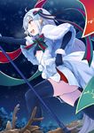  akita_hika bell black_gloves black_legwear blonde_hair blush capelet elbow_gloves fate/grand_order fate_(series) flag fur_trim gloves hair_ribbon headpiece highres jeanne_d'arc_(fate)_(all) jeanne_d'arc_alter_santa_lily long_hair night night_sky open_mouth reindeer ribbon sack sky smile snow solo thighhighs tree yellow_eyes 