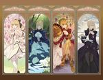  ahoge armor armored_boots art_nouveau artoria_pendragon_(all) blonde_hair boots closed_eyes dress epaulettes fate/extra fate/grand_order fate_(series) flower food fruit gauntlets grapes green_eyes highres looking_at_viewer multiple_girls nero_claudius_(fate) nero_claudius_(fate)_(all) noco_(adamas) one_eye_covered open_mouth pauldrons ponytail saber saber_alter saber_lily seasons sitting sitting_on_water smile standing winter wreath yellow_eyes 