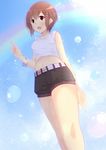  amatsuki_hotaru black_shorts bracelet breasts brown_hair collarbone crop_top earrings from_below hair_ornament highres jewelry midriff navel open_mouth original rainbow red_eyes shiny shiny_skin shirt short_hair short_shorts shorts sleeveless sleeveless_shirt solo sweat white_shirt 
