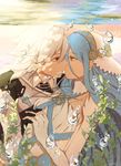  1girl air_bubble aomeeso aqua_(fire_emblem_if) artist_name black_gloves blue_hair bubble couple cousins eye_contact fingerless_gloves fire_emblem fire_emblem_if gloves hetero holding_hands imminent_kiss interlocked_fingers long_hair looking_at_another male_my_unit_(fire_emblem_if) mamkute my_unit_(fire_emblem_if) pointy_ears red_eyes signature underwater upper_body water white_gloves white_hair yellow_eyes 