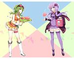  :d ahoge aiming akiyoshi_(tama-pete) animal_hood anklet bangs belt black_jacket boots box bracelet breasts bunny_hood carrying_under_arm criss-cross_halter crop_top detached_collar dress finger_on_trigger frills full_body gem goggles goggles_on_head green_eyes green_hair gumi hair_between_eyes hair_ornament halterneck headset holding hood hood_down hooded_jacket jacket jewelry knee_boots leg_garter legs_apart letterboxed looking_at_another microphone miniskirt multicolored multicolored_background multiple_girls open_clothes open_jacket open_mouth purple_dress purple_eyes purple_hair purple_legwear ribbed_legwear ruffled_skirt see-through short_hair_with_long_locks sidelocks skirt skull_and_crossbones sleeveless sleeves_past_wrists small_breasts smile standing strapless strapless_dress thighhighs tossing triangle tube_dress vocaloid voiceroid water water_balloon water_drop water_gun white_footwear wrist_cuffs yuzuki_yukari zettai_ryouiki 