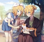  1girl :d akiyoshi_(tama-pete) animal architecture bangs bare_arms bent_over blonde_hair blue_eyes blue_ribbon blue_skirt blue_sky blush breasts bridge cat cloud day east_asian_architecture fingernails hairband hakama hand_on_own_thigh haori holding holding_animal holding_cat japanese_clothes kagamine_len kagamine_rin katana kneehighs long_sleeves looking_at_another miniskirt open_mouth outdoors parted_lips petting pleated_skirt ponytail ribbon school_uniform serafuku short_hair short_sleeves sitting skirt sky small_breasts smile standing swept_bangs sword tree vocaloid weapon white_ribbon wide_sleeves 