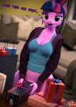  2018 3d_(artwork) anthro anthrofied bag balls bedroom_eyes bottomless breasts cleavage clothed clothing dick_in_a_box dickgirl digital_media_(artwork) equine eyeshadow forsaken_(artist) friendship_is_magic gift half-closed_eyes hoodie horn inside intersex lipstick looking_at_viewer makeup mammal my_little_pony partial_nudity penis penis_base ponytail seductive shirt sofa solo tank_top twilight_sparkle_(mlp) unicorn 