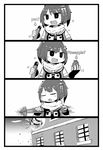 4koma :d blush building closed_eyes comic d: directional_arrow elbow_gloves english explosion explosive fingerless_gloves gloves grenade greyscale hair_ornament highres holding holding_torpedo image_sample inishie kantai_collection meme monochrome motion_lines open_mouth parody pen-pineapple-apple-pen remodel_(kantai_collection) scarf sendai_(kantai_collection) short_hair sleeveless smile torpedo twitter_sample two_side_up window 
