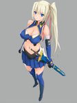  bangs bare_shoulders blonde_hair blue_eyes blue_legwear blue_skirt boots breasts cleavage clenched_hand elbow_gloves full_body gloves grey_background hair_ribbon highres jpeg_artifacts large_breasts limalisha long_hair looking_at_viewer madan_no_ou_to_vanadis miniskirt pleated_skirt rasukaru ribbon scabbard sheath sheathed side_ponytail sidelocks skirt solo standing sword thighhighs weapon 