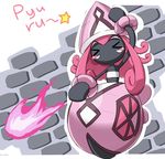  bangs black_skin blush_stickers brick_wall closed_eyes facial_mark fire gen_7_pokemon inatsuka_haru legendary_pokemon no_humans pink_fire pink_hair pokemon pokemon_(creature) shell solo star tapu_lele 