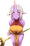 bare_shoulders blush breasts highres large_breasts league_of_legends looking_at_viewer pocari_sweat_(artist) purple_skin simple_background solo soraka yellow_eyes 
