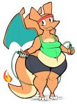  2018 aimbot-jones anthro belly big_belly breasts charizard claws cleavage clothed clothing deep_navel dragon exercise eyelashes fangs female fire front_view gym_shorts headband jump_rope membranous_wings midriff navel nintendo overweight overweight_female pok&eacute;mon pok&eacute;mon_(species) scalie shirt shorts sitting smile solo standing tank_top thick_thighs toe_claws valentina_(aimbot-jones) video_games wide_hips wings workout wristband 