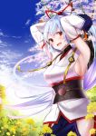  1girl :d armpits arms_up bangs bare_shoulders blue_hakama blue_sky blush breasts cloud cloudy_sky commentary_request cowboy_shot day detached_sleeves fate/grand_order fate_(series) felnemo floating_hair flower frilled_sleeves frills hair_ribbon hakama high_ponytail highres hip_vent japanese_clothes long_hair long_sleeves looking_at_viewer medium_breasts obi open_mouth outdoors red_eyes red_ribbon ribbon sash sideboob sidelocks single_detached_sleeve sky smile solo standing tomoe_gozen_(fate/grand_order) tree very_long_hair white_hair wide_sleeves yellow_flower 