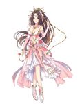  boots bracelet breasts bridal_gauntlets brown_hair cleavage crossed_legs dress flower full_body hair_ornament high_ponytail highres holding holding_weapon jewelry large_breasts long_hair looking_at_viewer navel official_art pink_dress pink_footwear purple_eyes red_flower red_rose rose royal_flash_heroes shunmei smile solo transparent_background very_long_hair weapon whip 