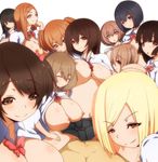  breasts brown_eyes brown_hair commentary_request cowgirl_position girl_on_top group_sex harem large_breasts looking_at_viewer morokoshitaroh multiple_girls naughty_face nipples open_clothes open_shirt original pov sex shirt shirt_lift short_hair simple_background skirt smile straddling white_background 