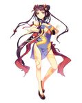  arm_strap bare_legs braided_bun breasts chinese_clothes cleavage clenched_hand cracking_knuckles double_bun dragon_print dragon_tattoo full_body hands_together highres long_hair medium_breasts no_socks official_art own_hands_together red_eyes rin_(royal_flush_heroes) royal_flash_heroes solo tattoo transparent_background two_side_up 