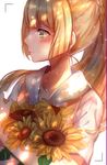  blonde_hair blush flower green_eyes highres lillie_(pokemon) long_hair looking_to_the_side nonohana pokemon pokemon_(game) pokemon_sm ponytail simple_background solo spoilers sunflower upper_body white_background 