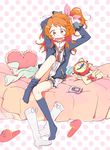  aikatsu! aikatsu!_(series) alarm_clock asymmetrical_legwear bed blush boots boots_removed bow brown_hair cellphone clock clothes clothes_on_bed embarrassed frilled_pillow frills full_body hair_ribbon heart heart_pillow knee_boots long_hair looking_at_viewer loose_socks messy_hair messy_room mokeo on_bed oozora_akari open_mouth partially_undressed phone pillow pink_bow polka_dot polka_dot_background red_eyes ribbon side_ponytail simple_background sitting sitting_on_bed slippers slippers_removed smartphone socks solo tying_hair white_footwear 