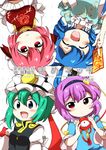  :d ^_^ bandages blue_eyes blue_hair blush breast_hold breasts closed_eyes eromame eyeball green_hair hair_ornament hair_rings hair_stick hairband happy hat heart ibaraki_kasen kaku_seiga komeiji_satori long_hair multiple_girls ofuda open_mouth pink_eyes pink_hair red_eyes ringlets shiki_eiki short_hair smile third_eye touhou 