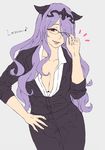  ;) ;d adjusting_eyewear aomeeso bespectacled breasts camilla_(fire_emblem_if) circlet cleavage eighth_note eyebrows_visible_through_hair eyes_visible_through_hair fire_emblem fire_emblem_if flat_color glasses hair_over_one_eye hand_on_hip highres large_breasts lips long_hair musical_note one_eye_closed open_mouth purple_eyes purple_hair simple_background smile solo teacher wavy_hair 