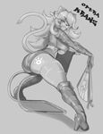  anthro beauty_mark big_butt biting_lip breasts butt cat chair clothed clothing conditional_dnp english_text feline female footwear greyscale hair hand_fan hi_res high_heels looking_at_viewer mammal monochrome op&eacute;ra_kranz shoes skimpy solatorobo solo tattoo text under_boob video_games xopachi 