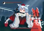  all_fours animal_ears arm_at_side bare_shoulders bow brown_hair character_name comic_sans dark_souls detached_sleeves erulon fangs forest from_behind geta giantess gohei great_grey_wolf_sif hair_bow hair_tubes hakurei_reimu hat health_bar holding holding_sword holding_weapon inubashiri_momiji long_sleeves looking_at_another mouth_hold multiple_girls nature no_tail outdoors over_shoulder parody pom_pom_(clothes) red_eyes ribbon ribbon-trimmed_sleeves ribbon_trim short_hair silver_hair size_difference skirt skirt_set souls_(from_software) sword tengu-geta tokin_hat tombstone touhou tree user_interface weapon weapon_over_shoulder wide_sleeves wolf_ears yin_yang 