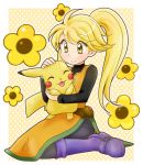  1girl ^_^ black_pants black_shirt blonde_hair blush_stickers boots chikorita85 closed_eyes closed_mouth commentary creature creatures_(company) dress english_commentary eyes_closed floral_background game_freak gen_1_pokemon holding holding_pokemon long_dress long_hair long_sleeves nintendo pants pika_(pokemon) pikachu poke_ball poke_ball_(generic) pokemon pokemon_(creature) pokemon_special polka_dot polka_dot_background purple_footwear shirt sleeveless sleeveless_dress smile yellow yellow_(pokemon) yellow_background yellow_dress 