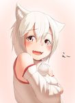  :d animal_ears bare_shoulders blush detached_sleeves eyebrows eyebrows_visible_through_hair fangs inubashiri_momiji kyabe_tsuka looking_at_viewer no_headwear open_mouth pom_pom_(clothes) red_eyes short_hair smile solo touhou white_hair wolf_ears 