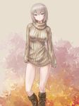  autumn_leaves blue_eyes boots breasts brown_footwear casual contrapposto dress girls_und_panzer grey_hair itsumi_erika jpeg_artifacts knee_boots legs looking_at_viewer medium_breasts rasukaru ribbed_sweater short_hair solo standing sweater sweater_dress 