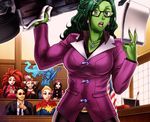 1boy 6+girls business_suit character_request chiba_toshirou earrings glasses green_eyes green_hair lips marvel multiple_girls muscle she-hulk tagme 