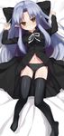  absurdres arms_up bed black_dress black_legwear black_panties blue_hair cameltoe dakimakura dress empty_eyes expressionless highres len long_hair lying navel on_back open_clothes open_dress panties pillow pointy_ears red_eyes shimejinameko solo thighhighs tsukihime type-moon underwear 