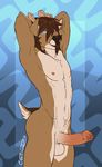  abs anthro armpits balls biceps blue_eyes brown_hair castbound cervine chest_tuft deer erection fur hair hands_behind_head hi_res humanoid_penis long_penis looking_at_viewer male mammal muscular navel nipples oriol_(char) partially_retracted_foreskin pecs penis solo standing tan_fur tuft uncut vein veiny_penis 