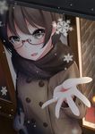 bag bangs blush brown_eyes brown_hair coat commentary from_above glasses hand_up holding holding_bag looking_at_viewer nekobaka open_mouth original outstretched_hand scarf smile snow snowflakes solo 