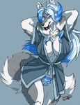  2016 anthro bath_robe big_breasts blue_background blue_eyes blue_fur blue_hair bottomless breasts canine clothed clothing english_text female fenrir_lunaris fur grey_fur hair huge_breasts lassie_lunaris long_hair looking_at_viewer mammal open_mouth pubes raised_arm signature simple_background smile solo text white_fur wide_hips wolf 