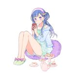  artist_request blue_hair book cup full_body holding holding_book legs_together long_hair rinboshi_riona sitting slippers smile solo teacup teapot transparent_background uchi_no_hime-sama_ga_ichiban_kawaii 