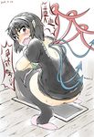  ass asymmetrical_wings backless_dress backless_outfit black_dress black_hair black_legwear dress dress_lift fang houjuu_nue mepikari open_mouth panties panty_pull pointy_ears red_eyes short_dress short_sleeves squatting thighhighs toilet_use touhou translation_request underwear wavy_mouth wings 