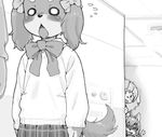  anthro blush canine clothed clothing confession dog fangs female fur group hair happy hiding kikurage long_ears mammal monochrome multicolored_fur nervous open_mouth ribbons school_uniform skirt smile sweater teeth thumbs_up two_tone_fur uniform 