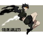  belt bike_shorts black_footwear black_hair boots clenched_teeth color_bullets copyright_name danielle_redford_(kamezaemon) fire gloves highres jacket jumping kamezaemon military_jacket original pouch short_hair shorts simple_background solo teeth 