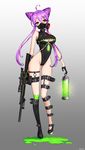  ahoge ankkoyom ass_visible_through_thighs bare_shoulders black_gloves boots breasts cleavage covered_navel gas_mask gloves green_eyes green_legwear gun highres holding holding_gun holding_weapon large_breasts leotard long_hair long_legs looking_at_viewer mask mismatched_footwear multicolored multicolored_eyes original pointy_ears purple_eyes purple_hair rifle scope shiny shiny_skin single_thighhigh skindentation sleeveless sniper_rifle solo thighhighs twintails weapon 