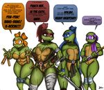  2014 anthro belt big_breasts blue_eyes bow breasts chochi cleavage clothed clothing crossgender dialogue donatello_(tmnt) english_text eyelashes female freckles frown green_skin group katana leonardo_(tmnt) mask melee_weapon michelangelo_(tmnt) nunchaku oddrich open_mouth partially_clothed raphael_(tmnt) reptile sai scalie simple_background small_breasts speech_bubble staff sword teenage_mutant_ninja_turtles teeth text tongue turtle weapon white_background 
