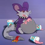  2016 alolan_raticate alternate_color ambiguous_gender belly big_belly claws collar dessert eating english_text fan_character feral food fur grey_fur ice_cream leash mammal messy nintendo nude pok&eacute;mon purple_background purple_fur red_eyes region_variant rodent shikaro signature simple_background solo spiked_collar spikes text toe_claws video_games 