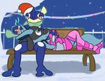  2016 bench casey_bakire clothed clothing crossdressing cup duo felino girly greninja hand_holding legwear lucario lying male male/male mammal nintendo on_back on_bench outside pok&eacute;mon scarf smile snow stockings tree video_games 