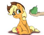  2016 applejack_(mlp) blonde_hair buttersprinkle cowboy_hat cutie_mark disembodied_hand earth_pony equine female feral food freckles friendship_is_magic fruit fur green_eyes hair hat horse mammal my_little_pony orange_fur pear pony simple_background solo sweat white_background 