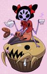  1girl bow extra_arms extra_eyes fangs high_heels insect_girl monster_girl muffet purple_skin ribbon solo spider_girl tea undertale 