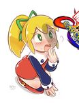  1girl blonde_hair blush capcom child copyright_name dress flat_chest green_eyes green_ribbon hair_ornament hair_ribbon kneeling long_sleeves open_mouth ponytail red_dress ribbon robojanai rockman rockman_(classic) roll shadow shoes simple_background solo sweat white_background 