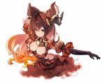  animal_ears anthuria arm_behind_head artist_name bangs black_gloves breasts brown_dress brown_eyes brown_hair cleavage commentary dress elbow_gloves erune frilled_dress frills gloves gradient_hair granblue_fantasy hair_between_eyes hair_ornament large_breasts long_hair looking_at_viewer multicolored_hair orange_hair puffy_short_sleeves puffy_sleeves short_sleeves signature simple_background solo wavy_hair white_background yoo_(tabi_no_shiori) 