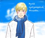  1boy axis_powers_hetalia birthday blonde_hair blush finland finnish scarf snow 