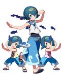  arms_up baggy_pants blue_eyes blue_hair blue_sailor_collar bright_pupils capri_pants fish gen_7_pokemon hairband hou_(pokemon) legs_apart looking_at_viewer multiple_girls one-piece_swimsuit pants pokemon pokemon_(anime) pokemon_(creature) pokemon_sm_(anime) sailor_collar sandals school_swimsuit short_hair siblings simple_background sisters sleeveless smile sui_(pokemon) suiren_(pokemon) swimsuit swimsuit_under_clothes tonami_kanji trial_captain twins water white_background wishiwashi 