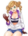  blonde_hair breasts cleavage drill_hair echo_turbine gloves green_eyes gundam gundam_tekketsu_no_orphans jacket large_breasts long_hair long_sleeves looking_at_viewer onsoku_maru open_mouth short_shorts shorts simple_background sitting smile solo twin_drills twintails unzipped waving white_background 